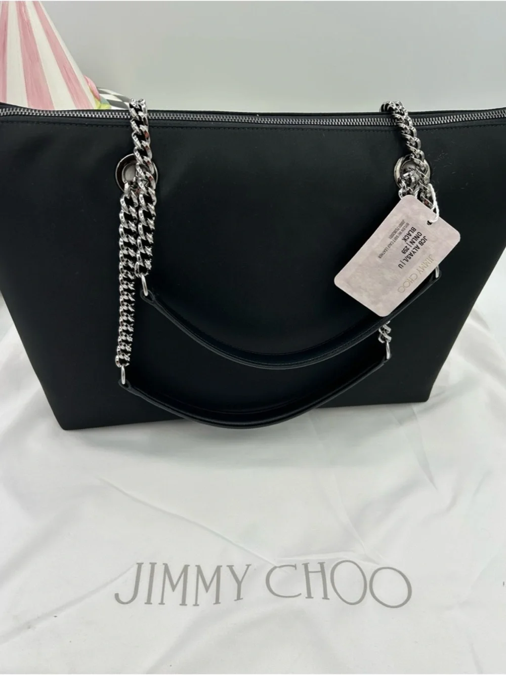 Jimmy Choo Black Tote Bag with Silver Chain Handles and iconic logo